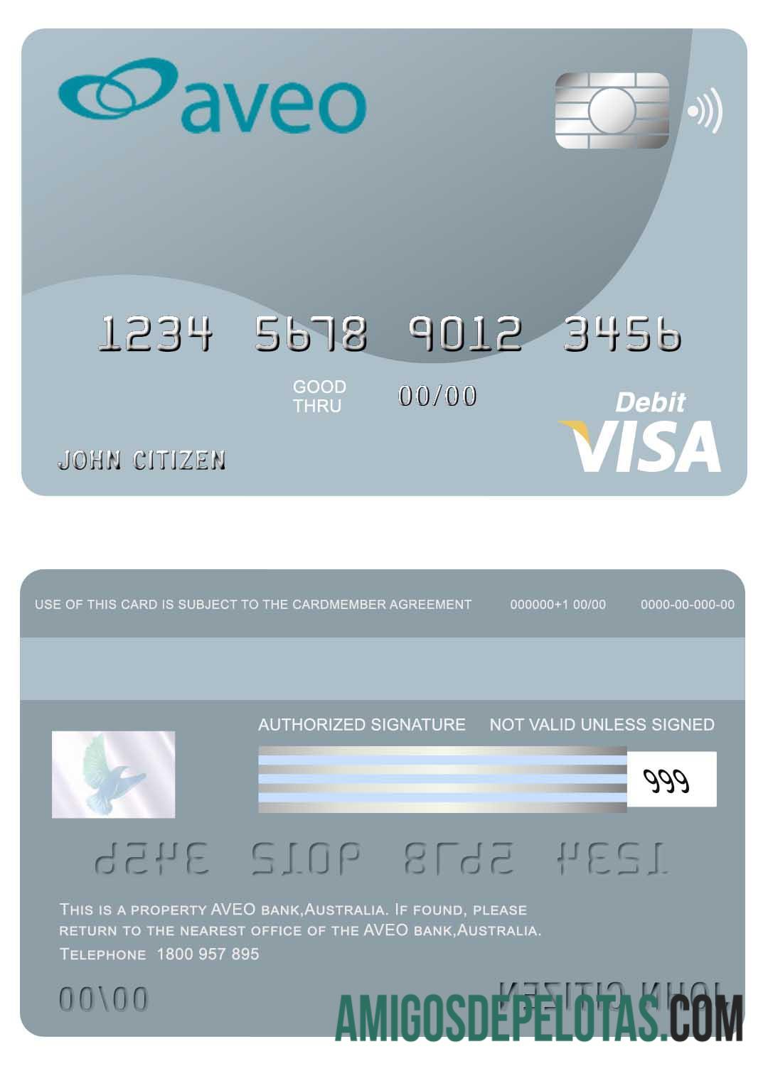 Cartão Visa do Aveo Bank da Austrália exemplo real